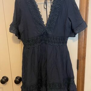Elegant Navy Blue Lace Trim Dress